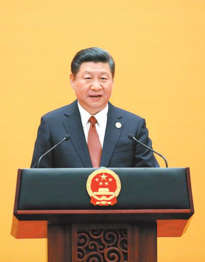 5月14日,国家主席习近平在北京人民大会堂举行宴会,欢迎出席“一带一路”国际合作高峰论坛的外方代表团团长及嘉宾。习近平发表致辞,代表中国政府和人民热烈欢迎各位贵宾的到来。新华社记者 刘卫兵摄